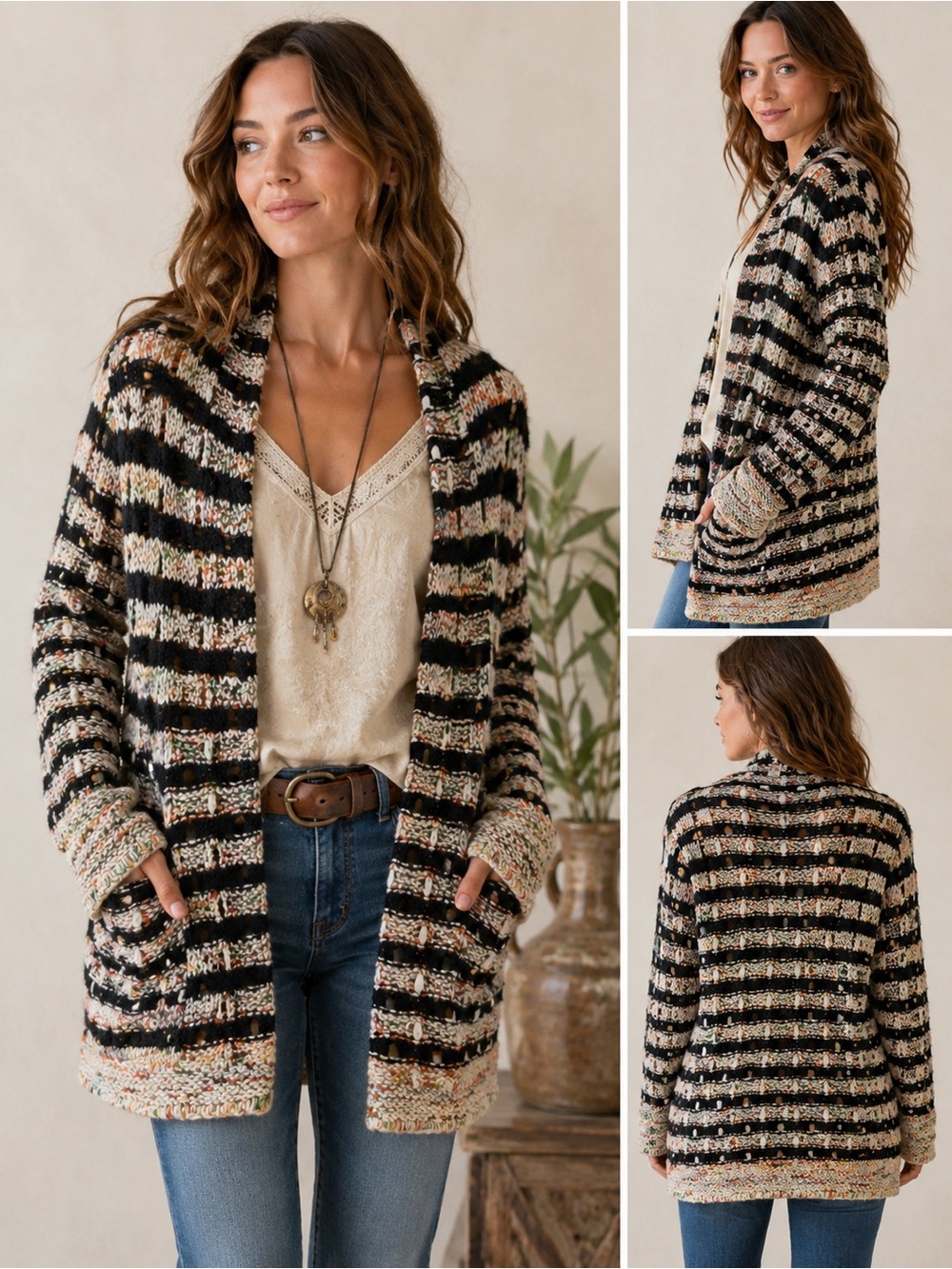 Sundance Womens Melange Open Knit Wool Blend Cardigan Sweater L